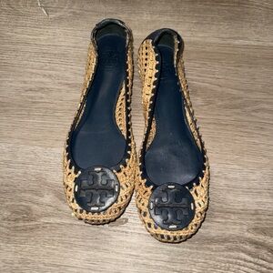 Tory Burch Woven Women’s Ballet Flats Navy Blue Leather Coin Logo Size 7.5